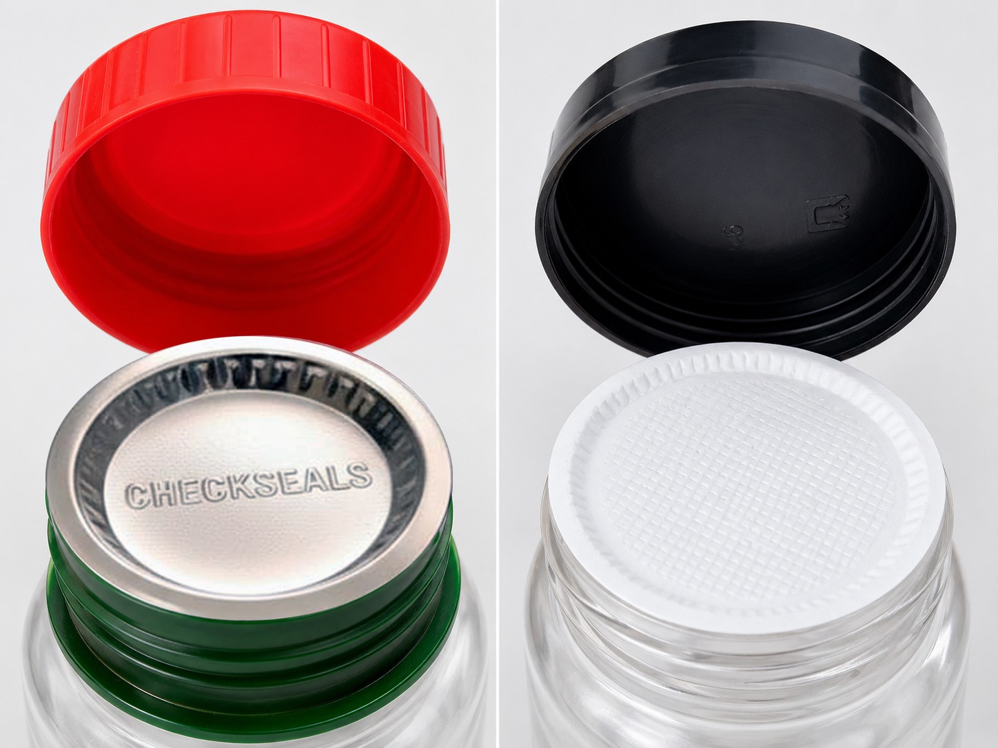 Exploded diagram of a conduction seal cap showing pulp board, wax bond, foil, and polymer layers