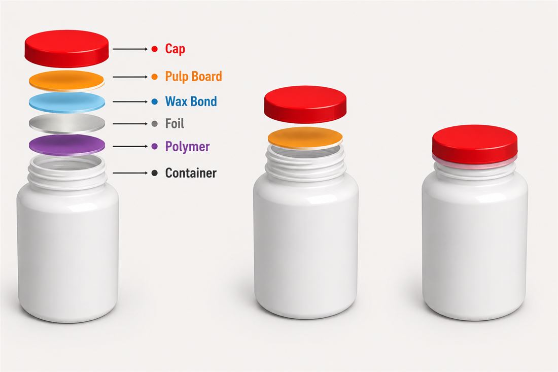 Diagram of cap, pulp board, wax bond, foil and polymer layers
